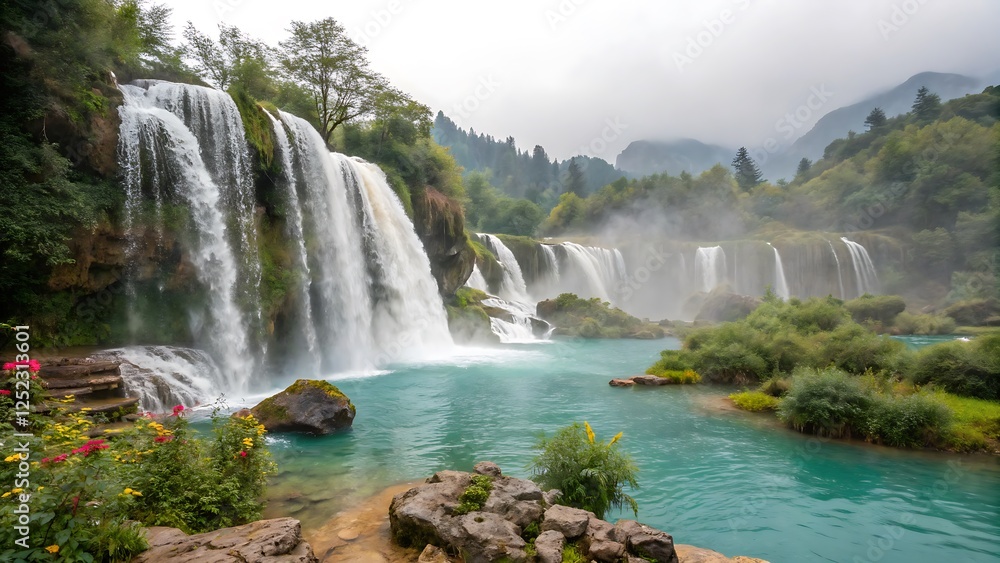 Fototapeta premium Serene Waterfall Cascades Flowing Into Turquoise Lake Surrounded by Lush Greenery and Mist