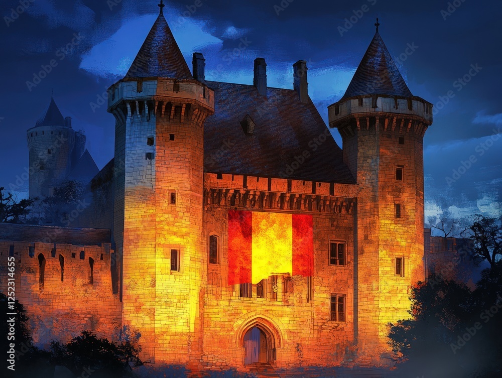 Illuminated Medieval Castle Against Dark Sky at Dusk with Dramatic Lighting Effects Illuminated Medieval Castle Against Dark Sky at Dusk with Dramatic Lighting Effects