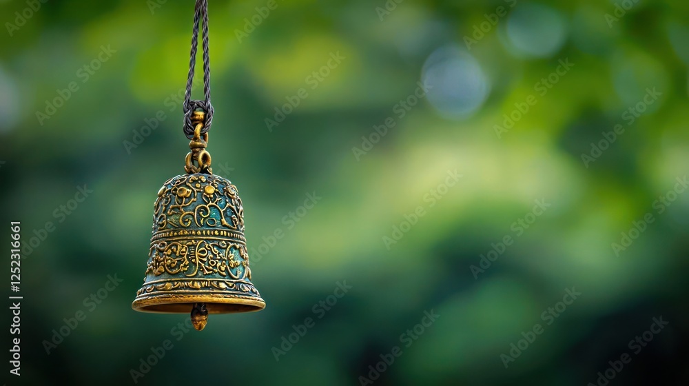 Obraz premium Antique Hanging Bell Against Blurred Green Background