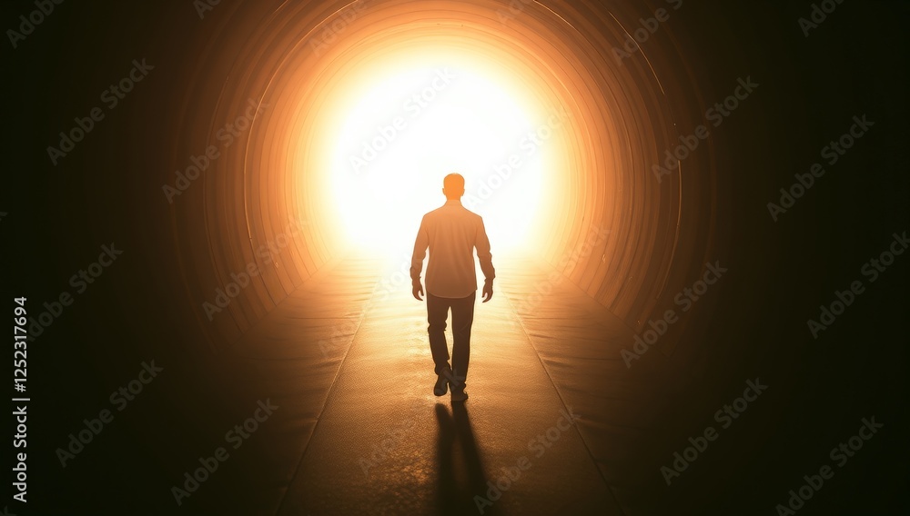 Silhouette of a man approaching light in a dark tunnel, symbolizing hope and renewal Silhouette of a man approaching light in a dark tunnel, symbolizing hope and renewal