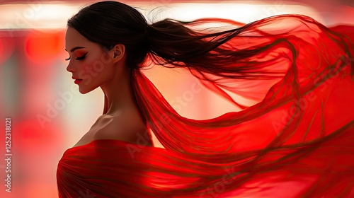 Woman in Red Draped Fabric with Flowing Hair