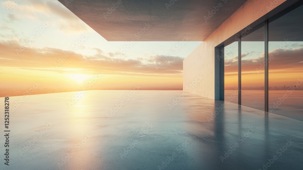 Fototapeta premium Sunset Vista: Modern Architecture and Serene Ocean Views