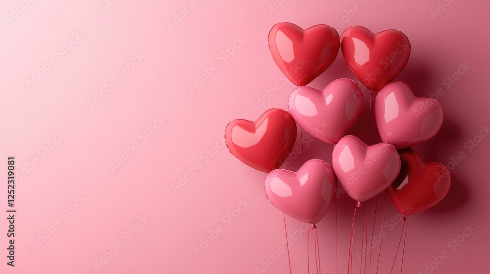 Cluster of vibrant pink and red heart-shaped balloons against a soft pink gradient background, creating a romantic and cheerful atmosphere. Perfect for Valentine's Day promotions, love-themed events Cluster of vibrant pink and red heart-shaped balloons against a soft pink gradient background, creating a romantic and cheerful atmosphere. Perfect for Valentine's Day promotions, love-themed events