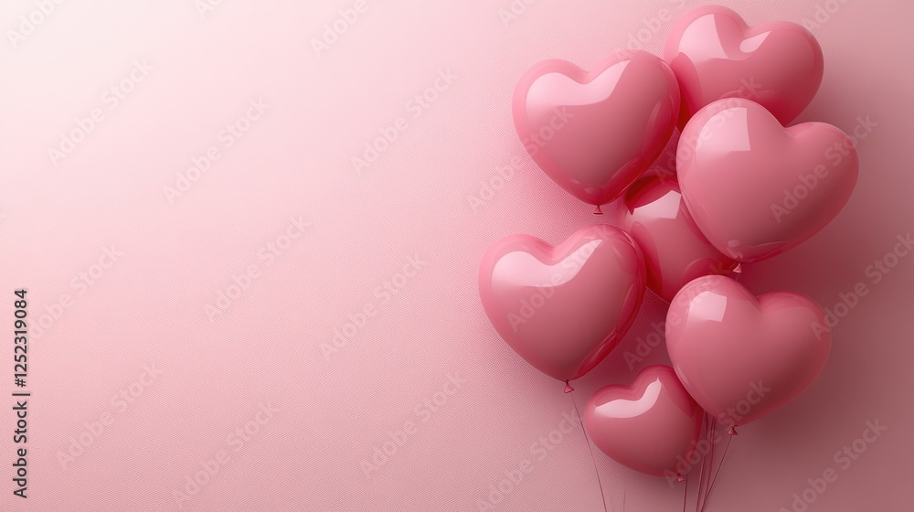 A cluster of glossy pink heart-shaped balloons floating gracefully against a soft gradient pink background. Ideal for Valentine's Day designs, romantic marketing, and festive celebrations A cluster of glossy pink heart-shaped balloons floating gracefully against a soft gradient pink background. Ideal for Valentine's Day designs, romantic marketing, and festive celebrations