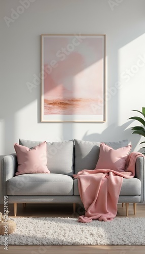 white living interior blanket abstract created room sofa art modern pink design pillows grey poster wall room design interior home living room living scandinavian nordic apartment armchair art art