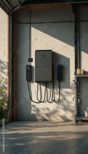 battery backup home garage system packs storage sustainable generic concepts wall mockup energy alternative energy electric power battery home energy storage residential renewable sustainable supply