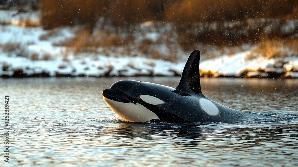 Fototapeta premium Orca surfacing winter lake snowy background nature wildlife