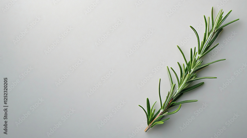Fototapeta premium A single sprig of vibrant green rosemary lies elegantly on a pristine white background.
