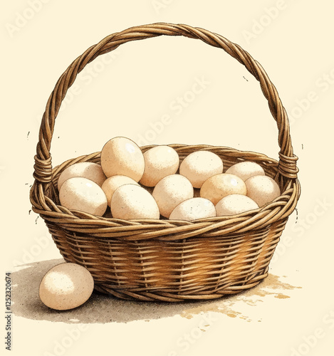 Woven Basket Overflowing with Cream Colored Eggs