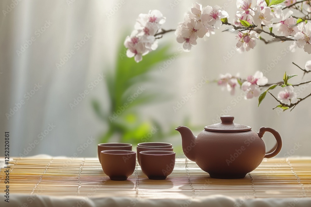 Crafting serenity a clay teapot and cups arrangement amidst blossoming nature indoor setting soft lighting tranquil concept for calmness and reflection Crafting serenity a clay teapot and cups arrangement amidst blossoming nature indoor setting soft lighting tranquil concept for calmness and reflection