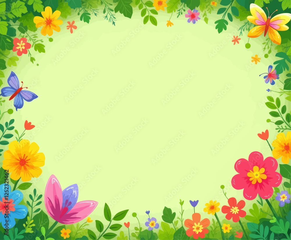 Springtime floral frame with butterflies and leaves Springtime floral frame with butterflies and leaves