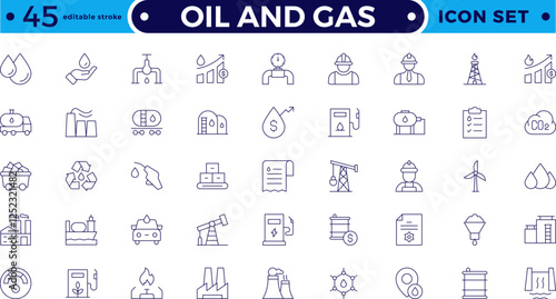 Oil and gas thin line web icon set. Outline icons collection. Oil and Gas icon set. Containing fuel, refinery, petroleum, oil well, gas pump, offshore platform, lubricant. Editable stroke outline icon