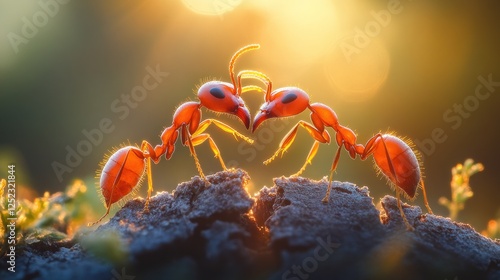 Two red ants facing each other on a mound at sunrise photo