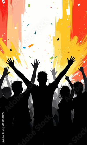 Silhouetted Crowd Cheering with Confetti and Colorful Background