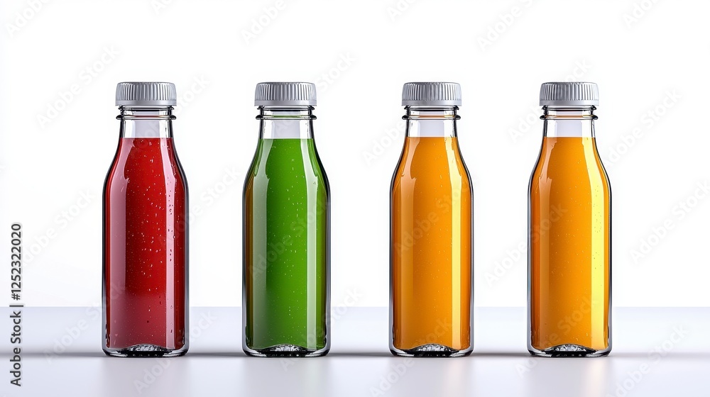 Four Colorful Glass Bottles with Vibrant Liquids, Arranged in a Row Against a Clean White Background. Ideal for Product Packaging Four Colorful Glass Bottles with Vibrant Liquids, Arranged in a Row Against a Clean White Background. Ideal for Product Packaging