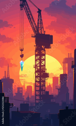 Silhouette of a crane holding a crystal over city at sunset