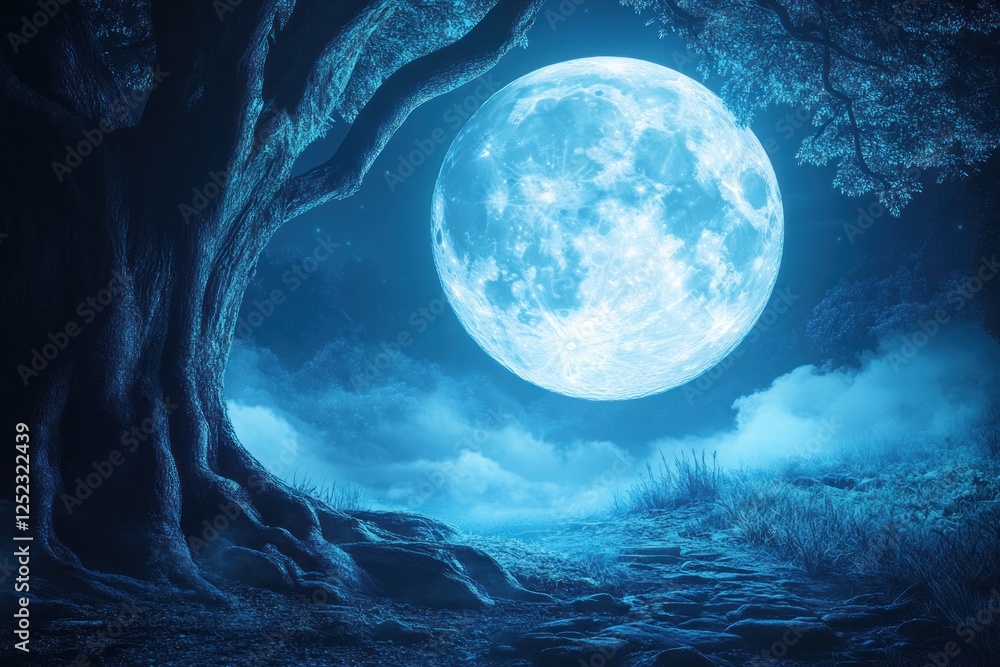 serene night scene featuring a large blue moon illuminating a tranquil landscape with a tree serene night scene featuring a large blue moon illuminating a tranquil landscape with a tree