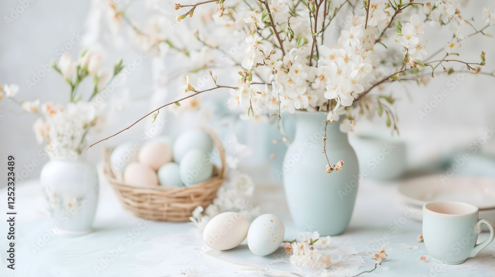 Elegant Easter Table Setting with a Basket of Pastel Eggs, White Flowers, and Decorative Plates Elegant Easter Table Setting with a Basket of Pastel Eggs, White Flowers, and Decorative Plates