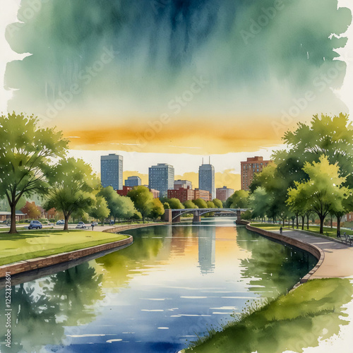 watercolor illustration of Hackensack, New Jersey, with a focus on its beautiful parks and urban landscape photo