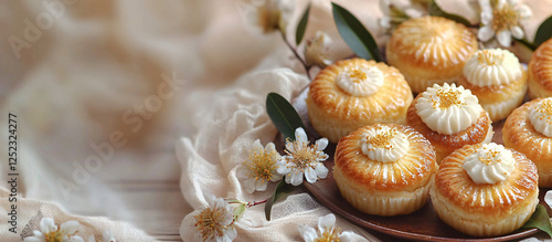 Elegant arrangement of traditional Malaysian pastries on a linen cloth, perfect for afternoon tea, events, or showcasing local desserts during cultural festivals. photo