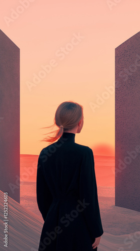 view from back of blonde woman looking at the sea and sky between modern architecture pink overlay black clothes vertical mobile wallpaper format social media post marketing branding