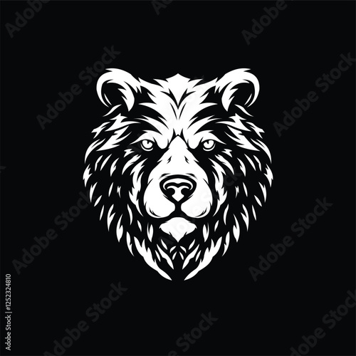 Black and white bear head facing front illustration logo design