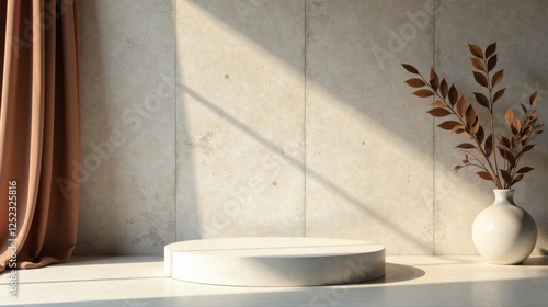 A Minimalist Display Featuring a Round Pedestal, Draped Fabric, and Dried Floral Arrangement in a Sunlit Room