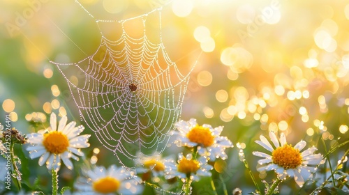 Sparkling Spider Web Among Sunny Wildflowers