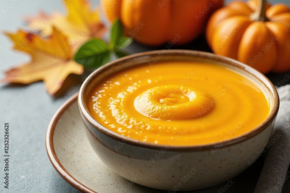 Creamy Autumn Squash Soup in a Rustic Bowl with Fall Leaves Creamy Autumn Squash Soup in a Rustic Bowl with Fall Leaves