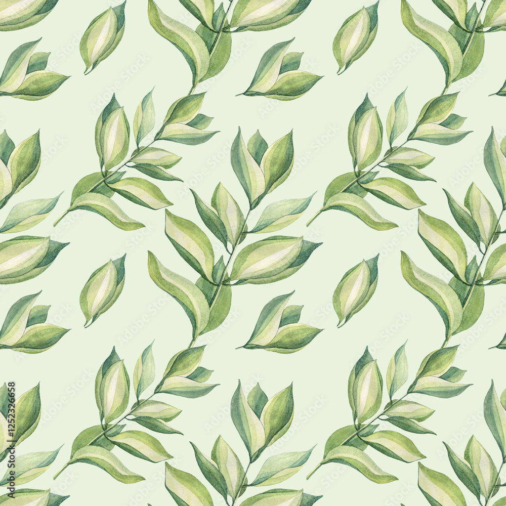 Watercolor seamless pattern with bouquet with leaves of flower succulent on green background. Hand-drawn summer wild plant foliage. Botanical nature for tea or wallpaper or wrapping textile kitchen Watercolor seamless pattern with bouquet with leaves of flower succulent on green background. Hand-drawn summer wild plant foliage. Botanical nature for tea or wallpaper or wrapping textile kitchen