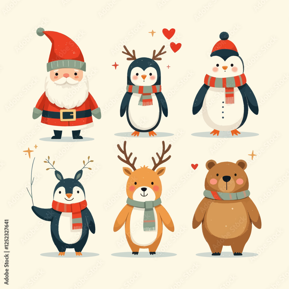 Cartoon Holiday Characters Featuring Santa, Penguins, Reindeer, and Bear Cartoon Holiday Characters Featuring Santa, Penguins, Reindeer, and Bear