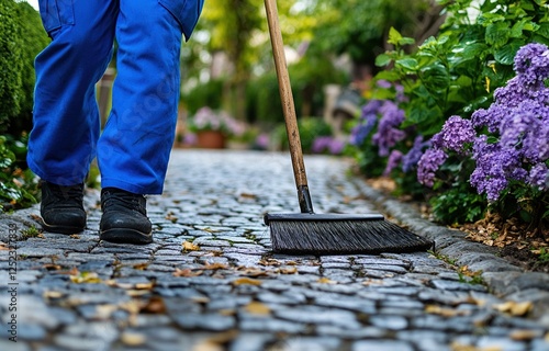 Wallpaper Mural Worker Sweeps Cobblestone Path with Broom, Cleaning Autumn Leaves and Maintaining Garden Beauty Torontodigital.ca