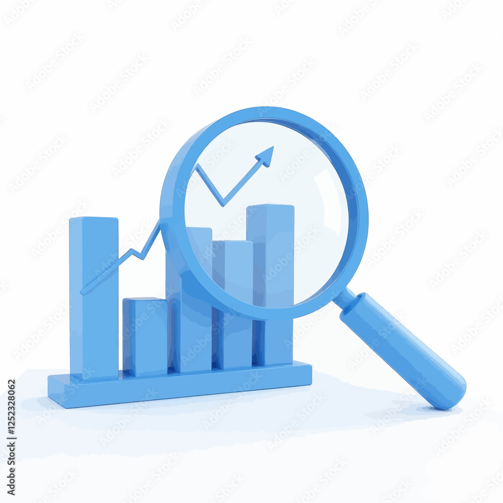 Blue bar chart with upward trend under magnifying glass Blue bar chart with upward trend under magnifying glass