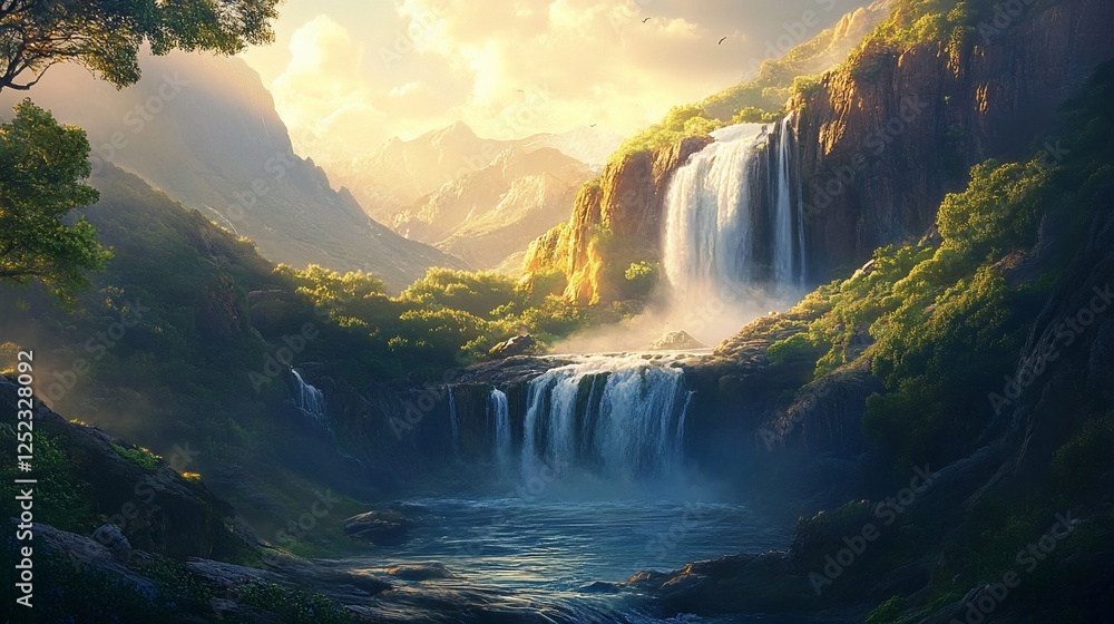 Fototapeta premium Majestic waterfall cascades in mountain valley sunrise