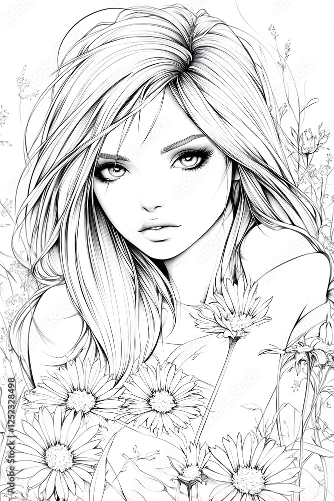 Fototapeta premium Antistress image of a beautiful girl with flowers. for adult and children's coloring books