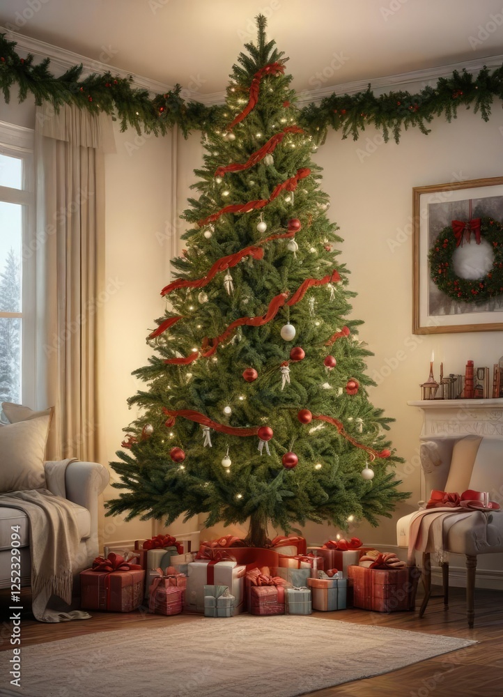 A traditional Christmas tree setup with a large tree, garlands, ribbons, and bows in a cozy living room, evergreen tree, bows, traditional christmas tree setup A traditional Christmas tree setup with a large tree, garlands, ribbons, and bows in a cozy living room, evergreen tree, bows, traditional christmas tree setup