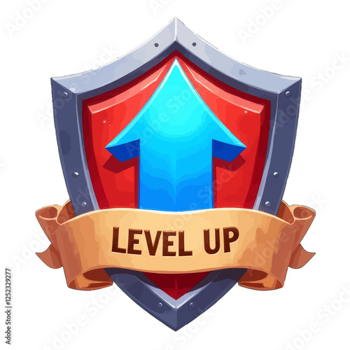 Level Up Shield with Arrow and Ribbon, transparent background