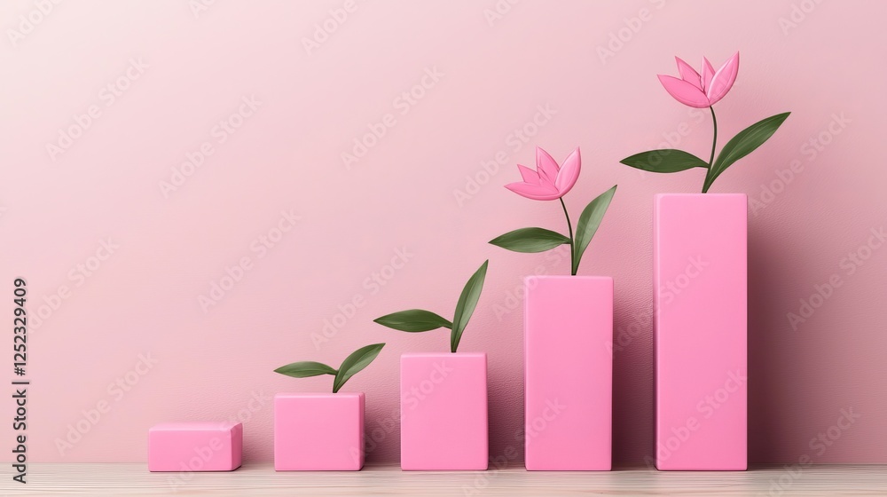 Obraz premium Pink flowers in ascending pink cubes against a pink wall; growth concept.