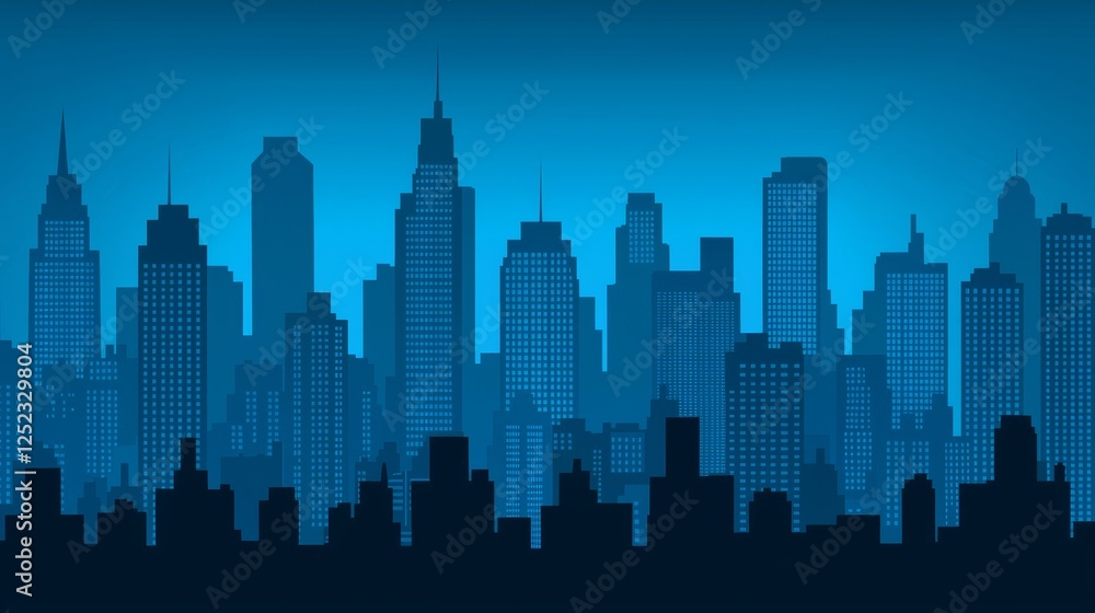 Fototapeta premium Night city skyline, urban landscape illustration, modern buildings silhouette at twilight, digital art, graphic, building cityscape background.
