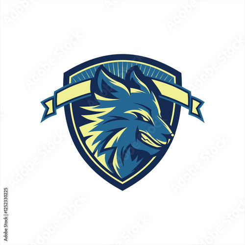 Angry wolf inside protective shield with illustrator logo design nameplate