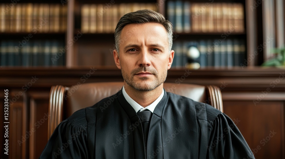 A serious judge in formal attire sits in a courtroom, exuding authority and professionalism, with bookshelves in the background. A serious judge in formal attire sits in a courtroom, exuding authority and professionalism, with bookshelves in the background.