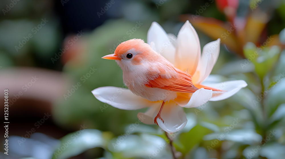 Obraz premium Peach bird perched on white flower, garden background, nature scene