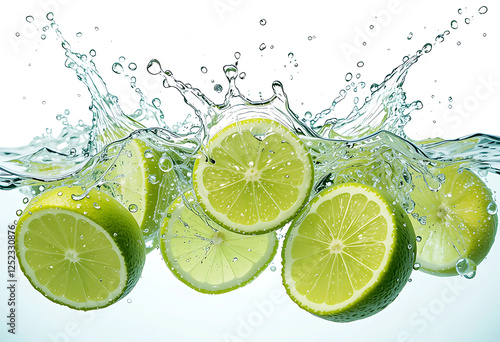 Some of Juicy green Lemon Slices in Water Splash and Fresh Citrus Refreshment