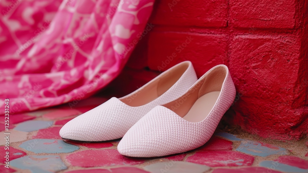 Stylish white textured womens flats rest against a vibrant pink fabric near a red brick wall. Stylish white textured womens flats rest against a vibrant pink fabric near a red brick wall.