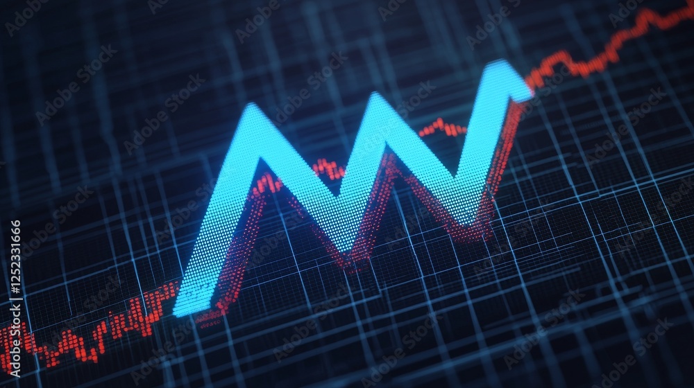 Abstract glowing blue and red graph charting upward financial growth trend on a digital screen. Abstract glowing blue and red graph charting upward financial growth trend on a digital screen.