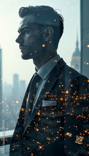 surreal background business technology futuristic person business future city concept multiple exposure graphic double interface abstract modern image cityscape communication exposure business