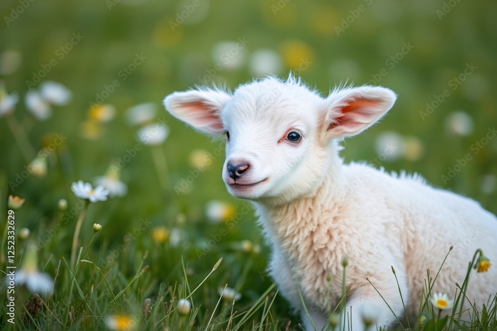 Obraz premium Cute young lamb standing in a green meadow full of blooming colorful flowers during springtime, showcasing natural beauty, innocence, and tranquility in the countryside under the bright sunshine.