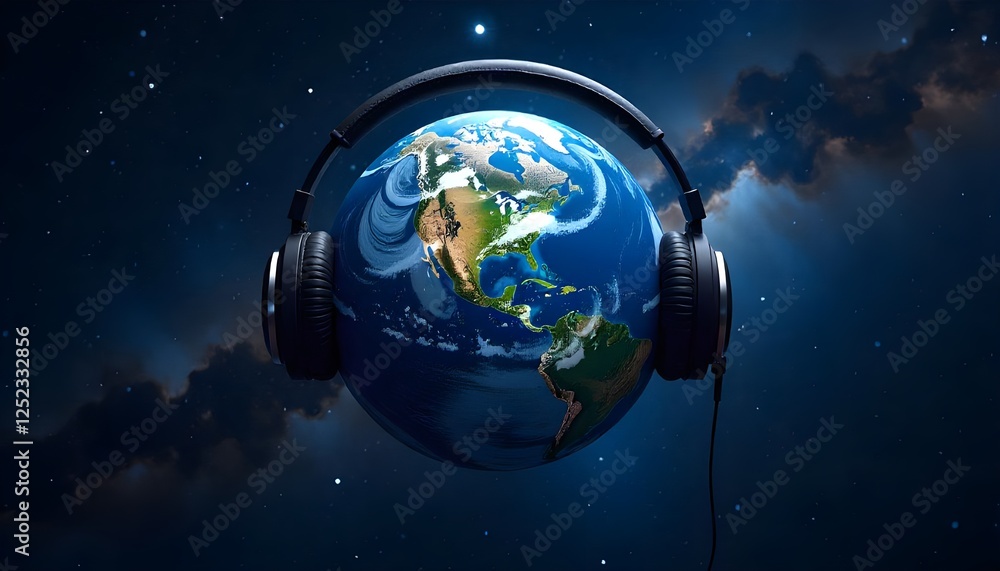 Fototapeta premium world hearing day the earth wearing headphones, set against a vast, starry space background, symbolizing global connection through music and sound
