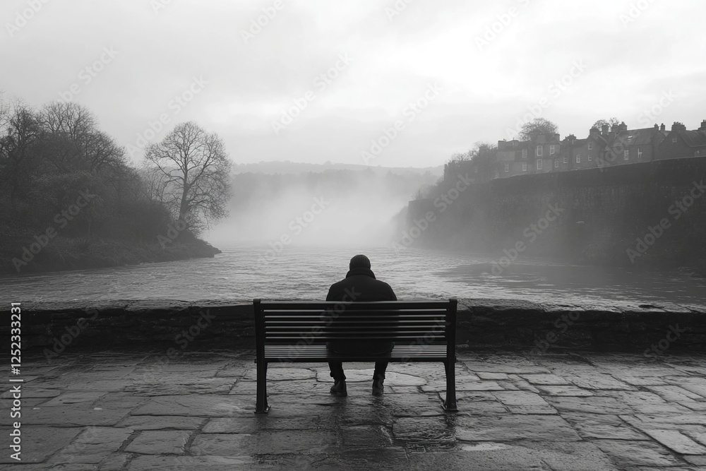 Solitude: Man Sits on Bench, Contemplating River Mist, Buildings Distant, Calmly Observing Foggy Landscape Solitude: Man Sits on Bench, Contemplating River Mist, Buildings Distant, Calmly Observing Foggy Landscape