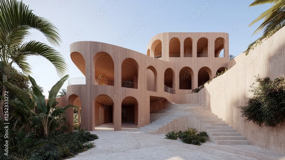 Fototapeta premium Stunning modern architecture design; a luxurious hillside building with arched entryways and tropical landscaping.